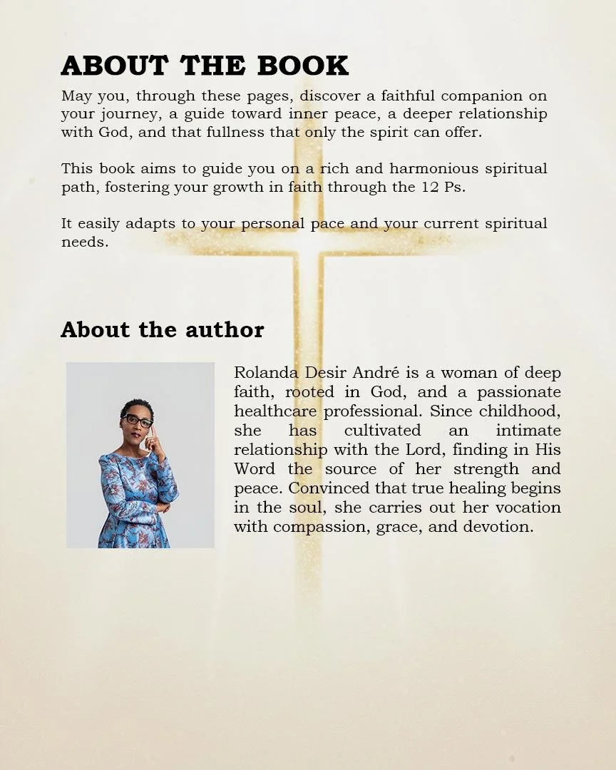 Page from a book about faith and the author, Rolanda Desir André. Contains a section 'About the Book' describing guidance on spiritual journey and a section 'About the Author' with a photo of Rolanda Desir André, a woman wearing glasses and a blue patterned dress, standing with her hand near her face.