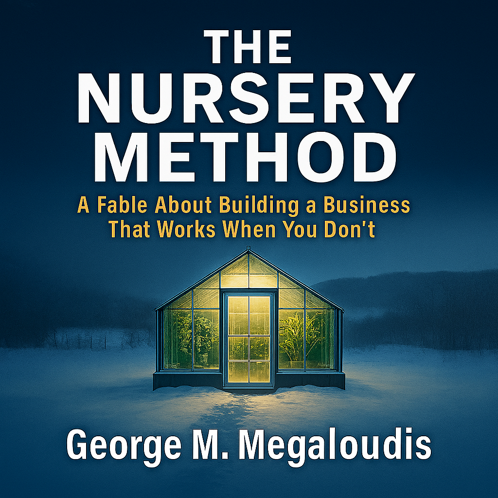 Cover of the book "The Nursery Method: A Fable About Building a Business That Works When You Don't" by George M. Megaloudis, featuring a greenhouse with glowing interior lights against a dark sky.