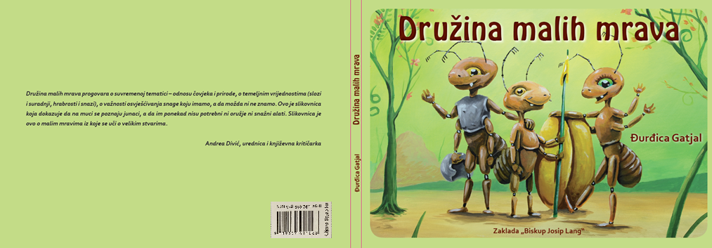 Book cover titled 'Družina malih mrava' with illustrated ants dressed as warriors holding weapons, set in a forest background.