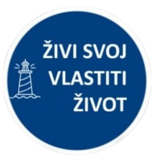 Blue circular sign with white text in Croatian that says "Živi svoj vlastiti život" and a sketch of a lighthouse on the left