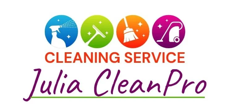 Logo for Julia CleanPro cleaning service featuring icons of spray bottle, squeegee, mop, and vacuum cleaner, with text in red, purple, and green.