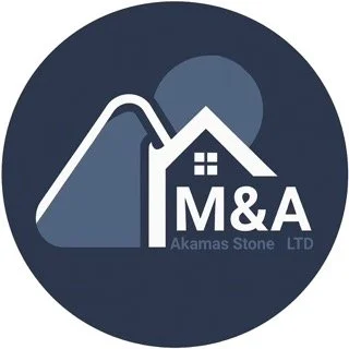 Logo of M&A Akamas Stone LTD featuring a mountain, house silhouette, and a window on the right side.