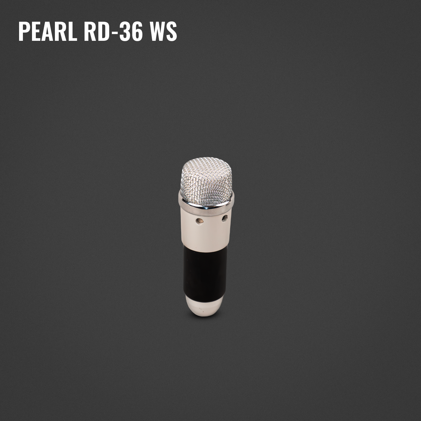 A silver microphone with a black handle on a dark gray background. The text 'PEARL RD-36 WS' is in the top left corner.