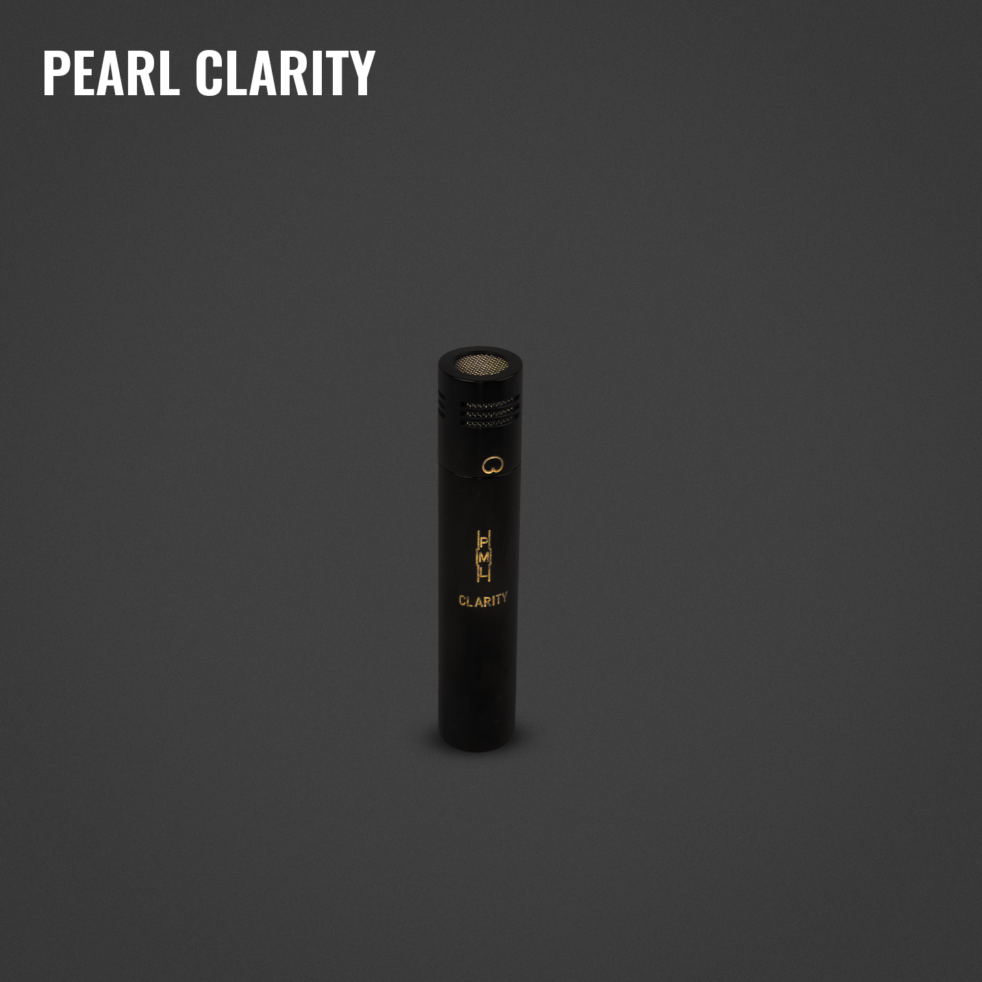 A black microphone with gold highlights stands upright against a grey background. The words 'Pearl Clarity' are in the top left corner.