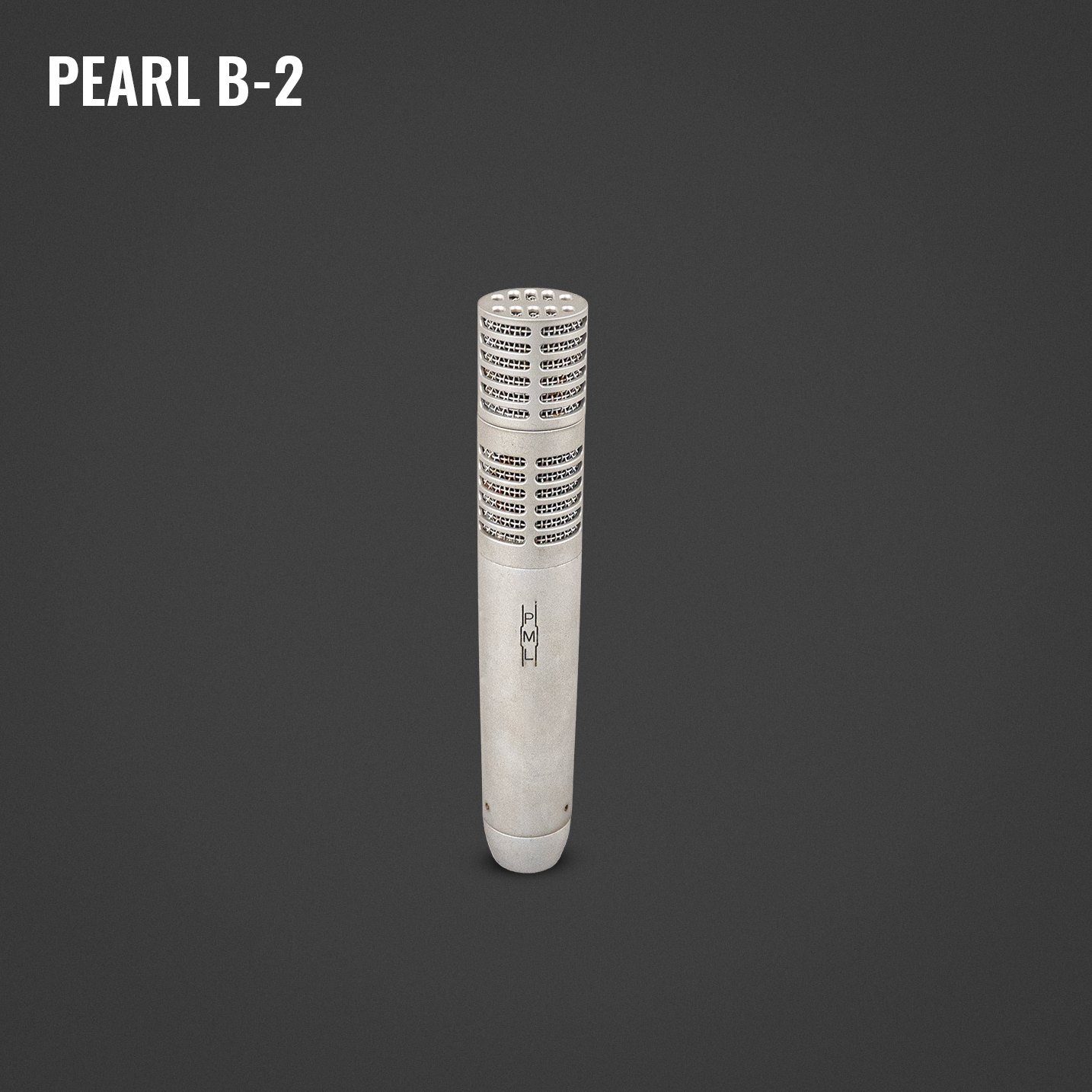Silver vintage microphone with grille at top, set against dark gray background, with 'PEARL B-2' text in top left corner.