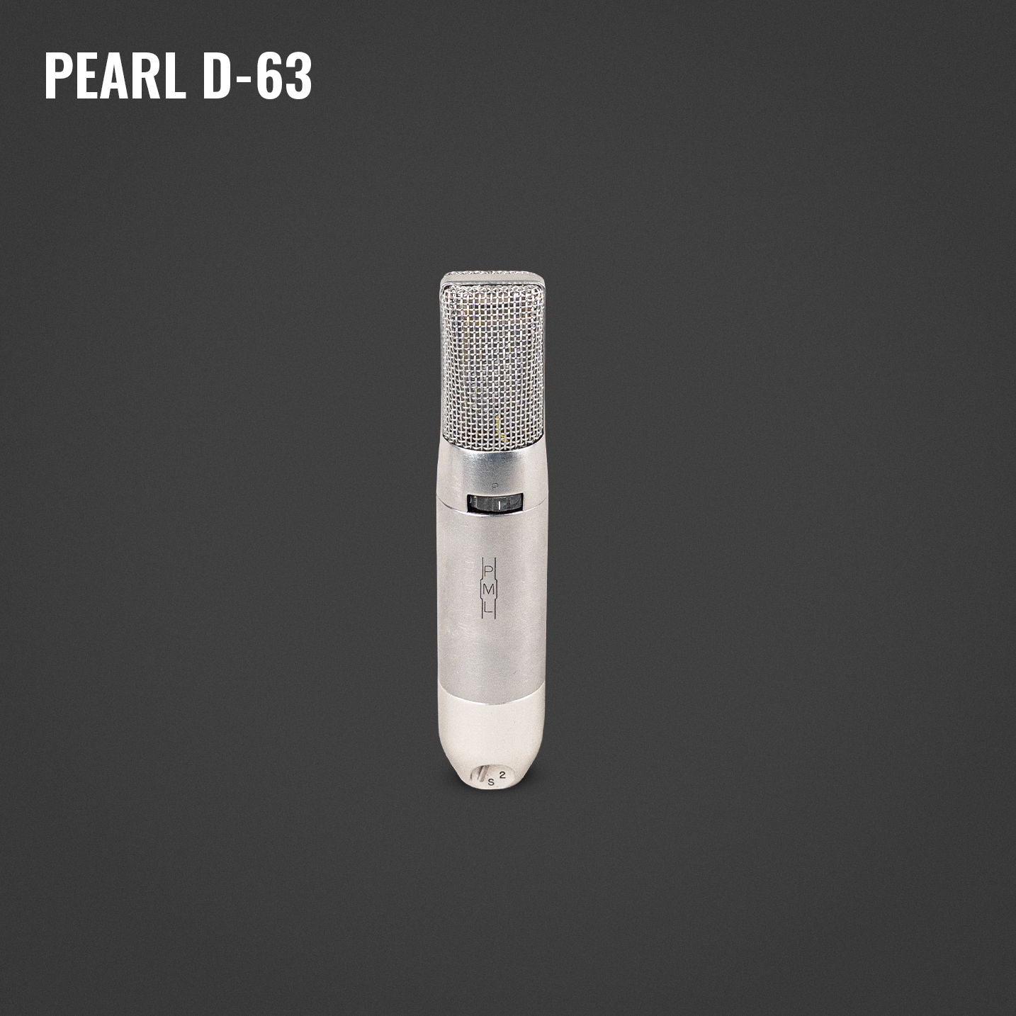 Silver vintage Pearl D-63 condenser microphone on a dark background, with text 'PEARL D-63' in the top left corner.
