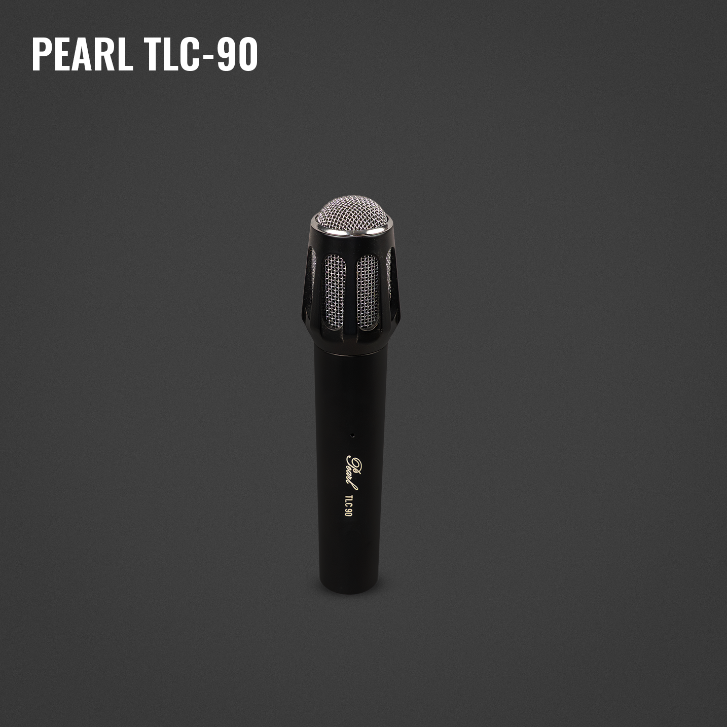 Close-up of a black Pearl TLC-90 microphone on a dark gray background with white text in the upper left corner that reads:"PEARL TLC-90".