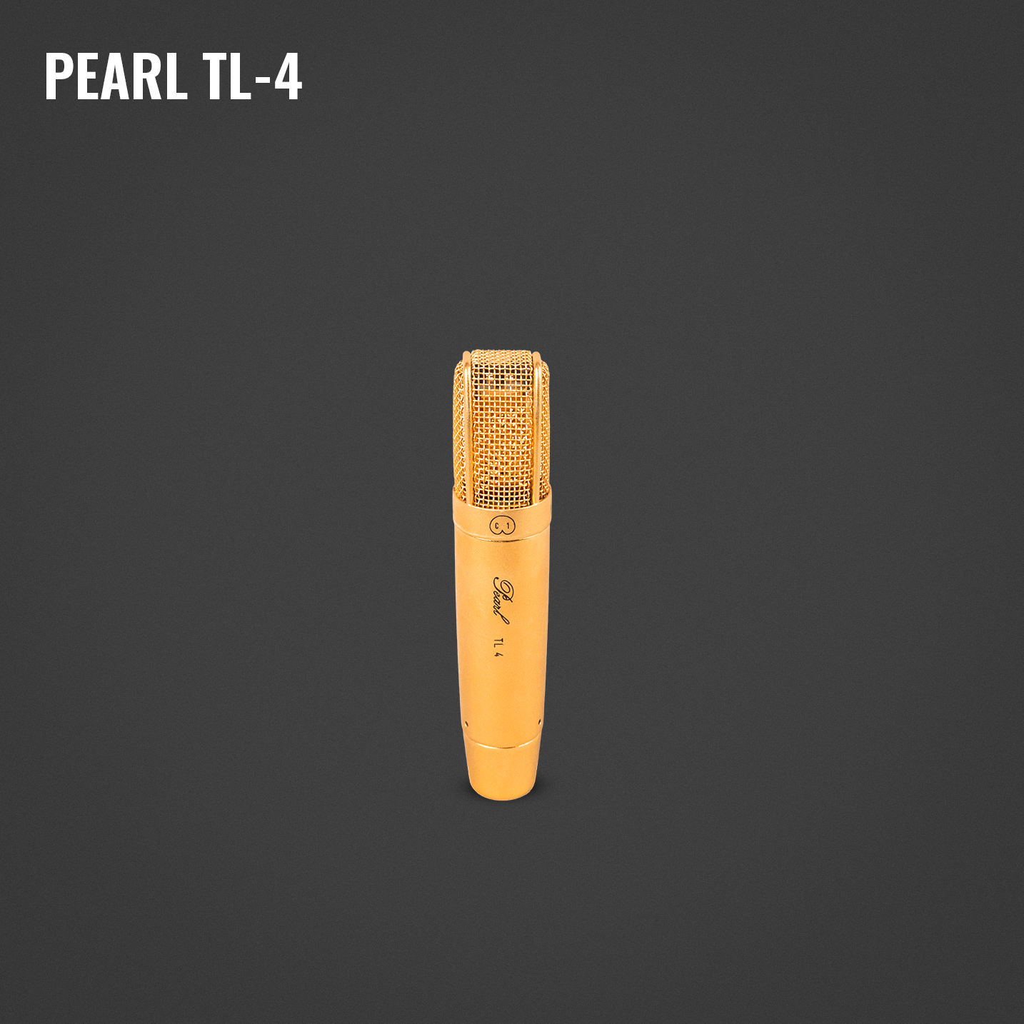 A gold-colored Pearl TL-4 microphone with a mesh grille on a dark background.