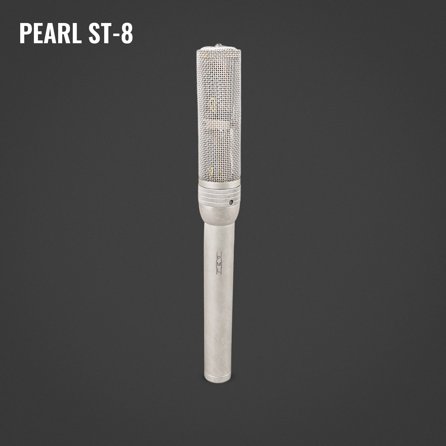 A silver microphone with a mesh head, labeled PEARL ST-8, hanging from a stand, set against a dark gradient background.
