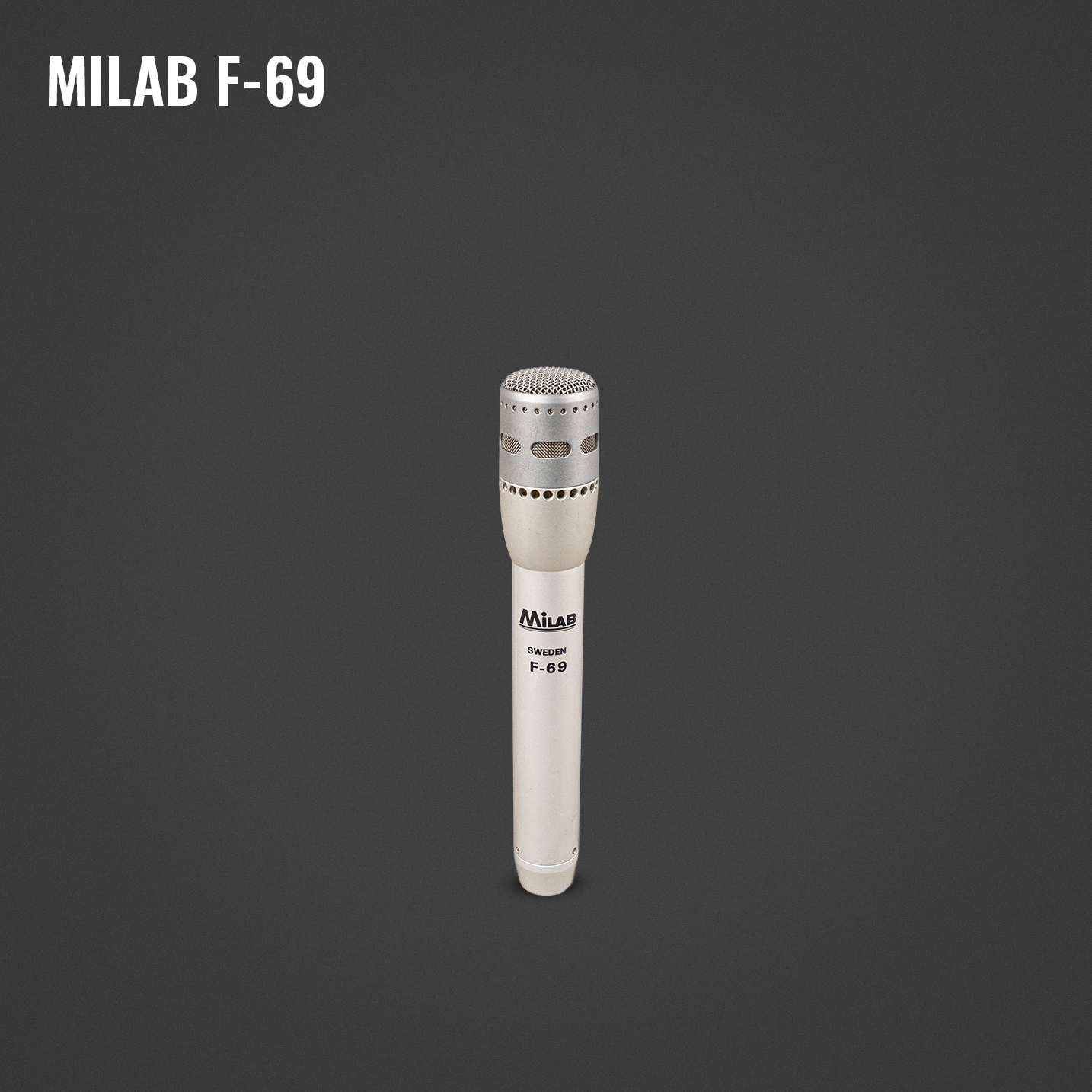 A vintage Milab F-69 microphone with a white body and silver grille, on a black background.
