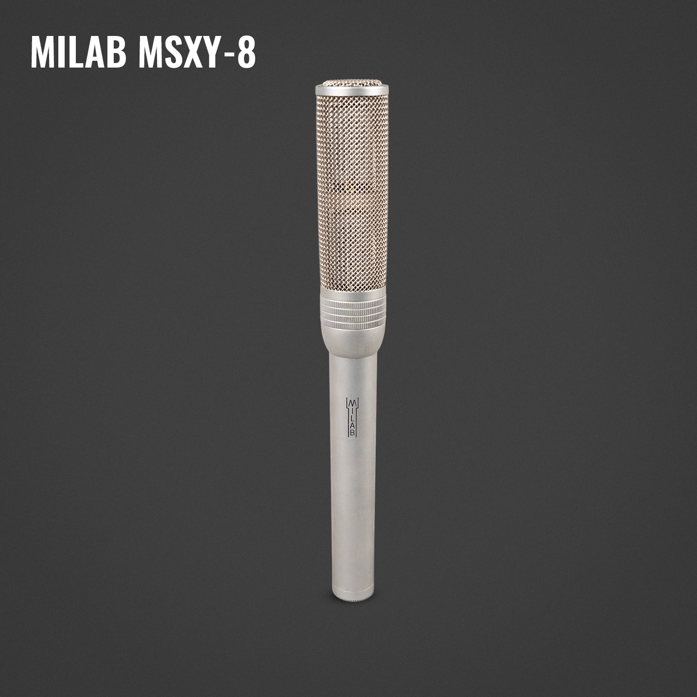 A Milab MSXY-8 condenser microphone with a silver body and metal mesh grille, standing upright against a dark background, with text in the top left corner reading "Milab MSXY-8."