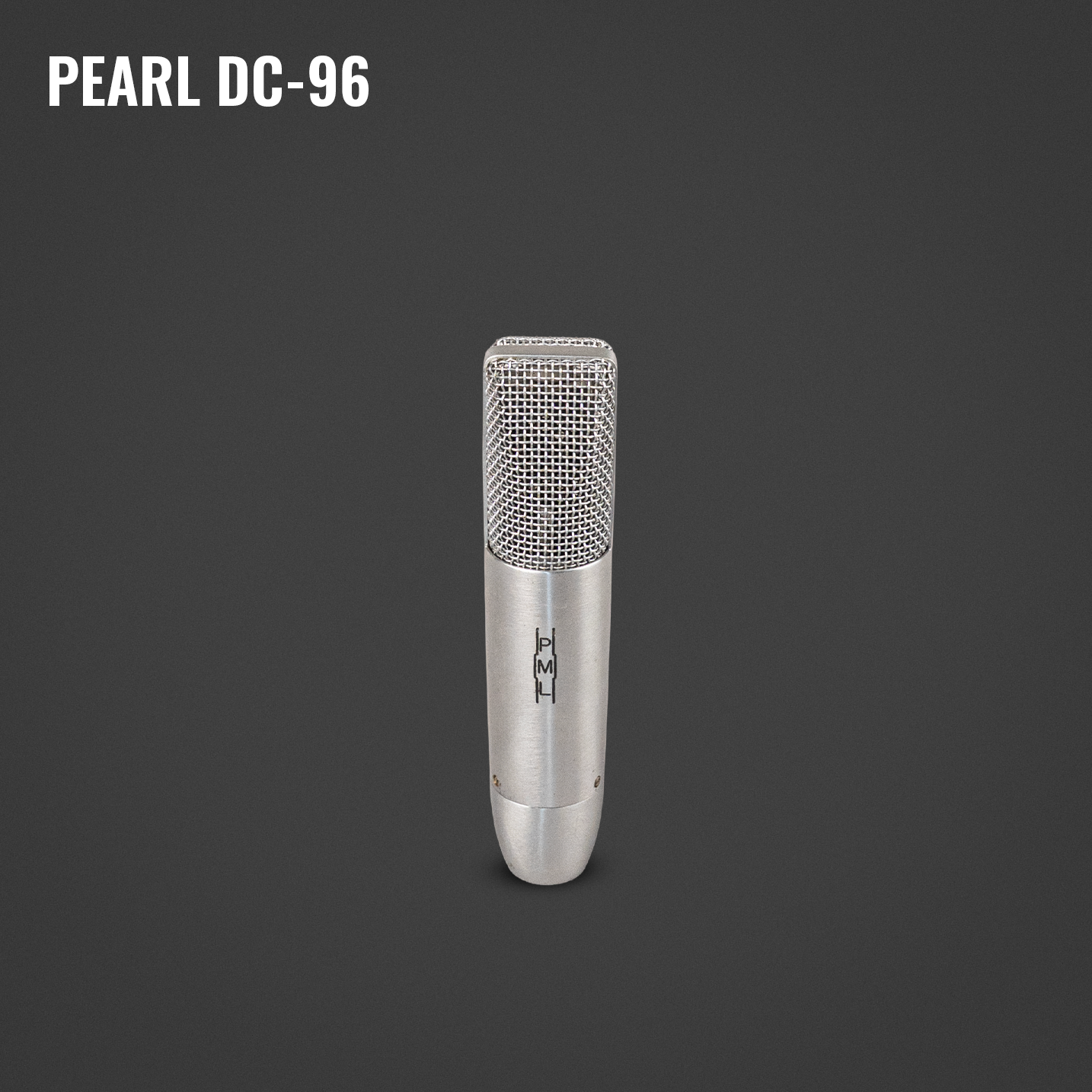A vintage Pearl DC-96 condenser microphone on a dark gray background with the model name in white text in the top left corner.
