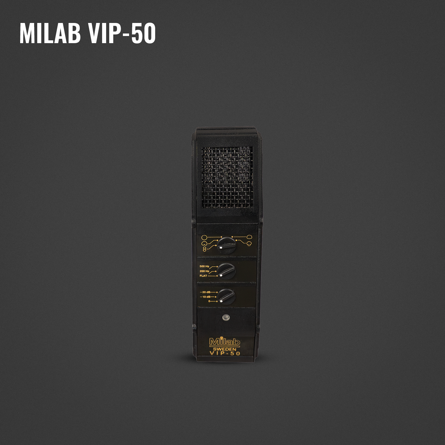 A vintage Milab VIP-50 radio microphone with manual controls, black mesh grille at the top, and black casing with yellow labels and controls, set against a dark gray background.