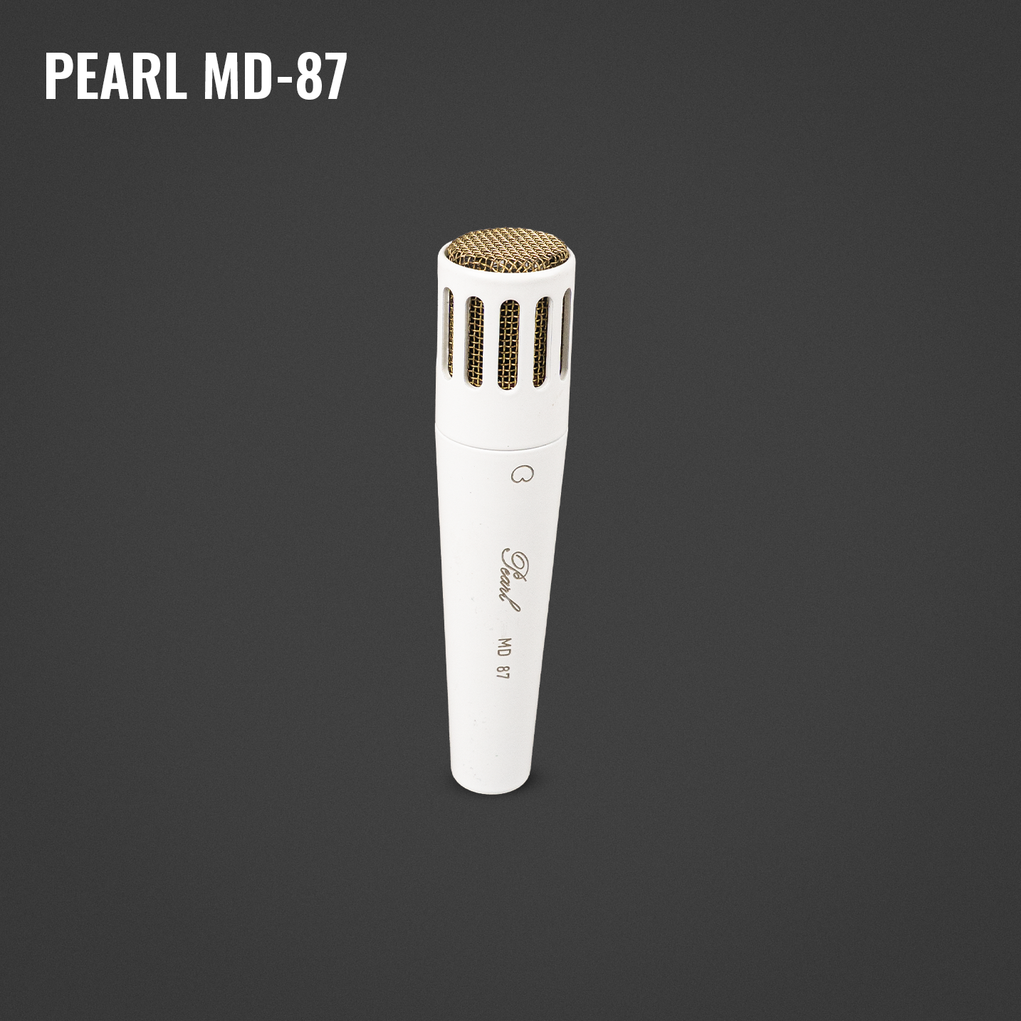 A Pearl MD-87 condenser microphone with a gold grille and white body, positioned against a dark background.