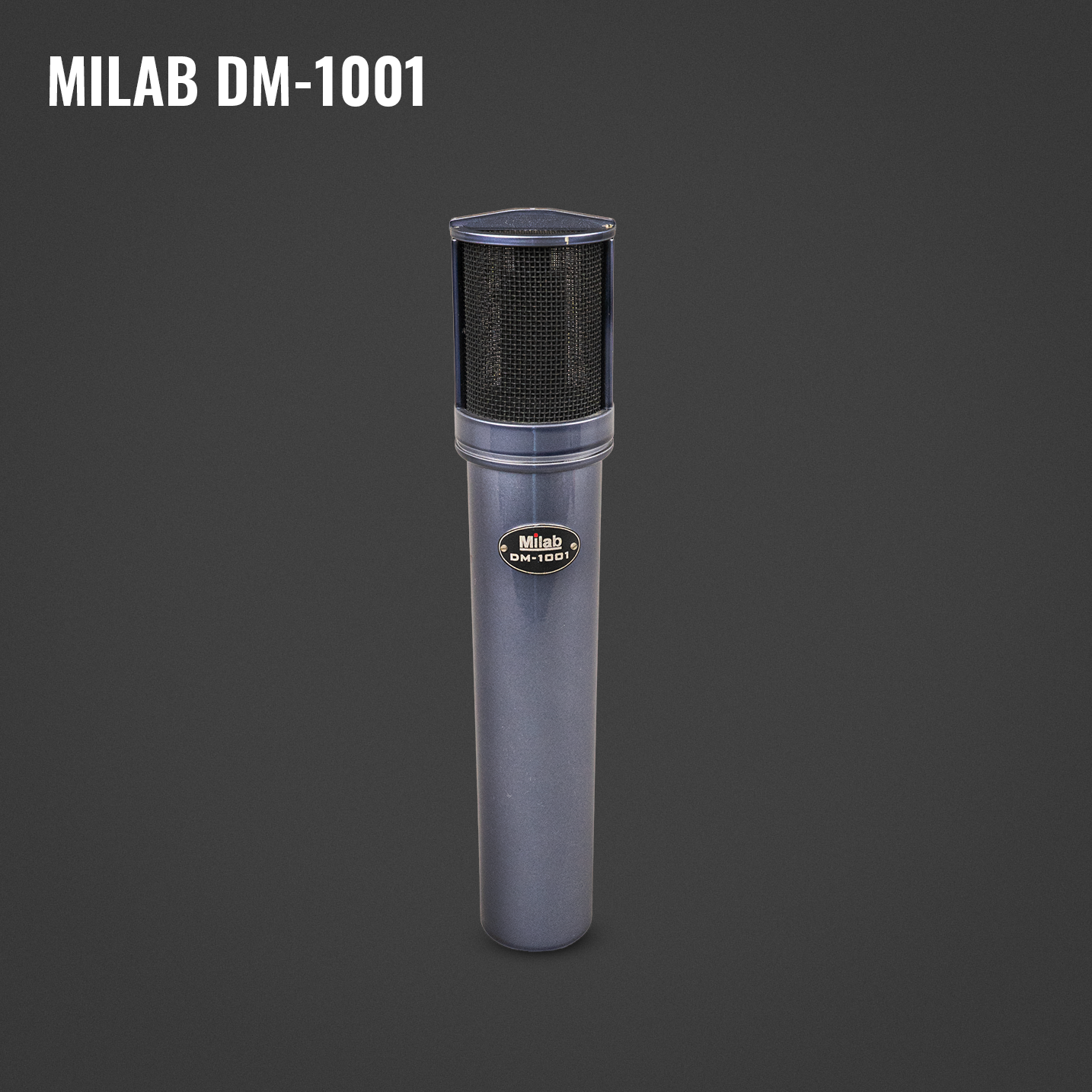 A vintage Milab DM-1001 broadcast condenser microphone against a dark grey background.