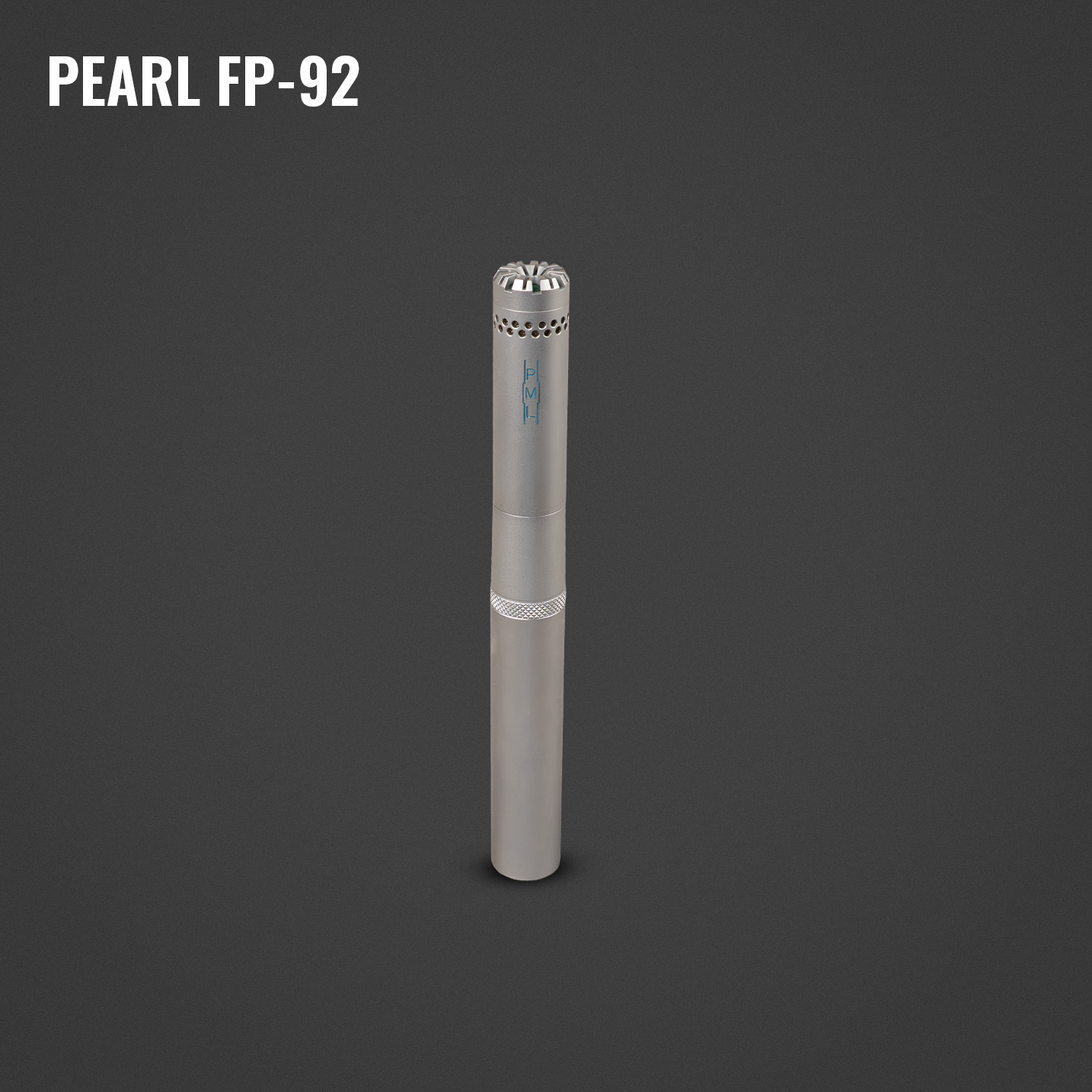 A PEARL FP-92 condenser microphone in silver color standing upright against a dark background.