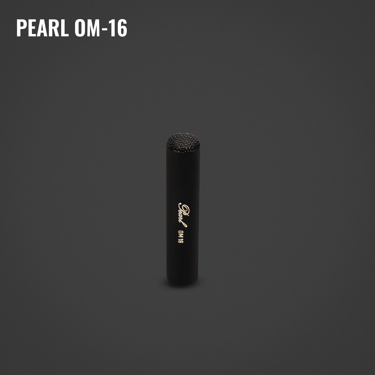 A black Pearl OM-16 microphone standing vertically on a dark gray background.