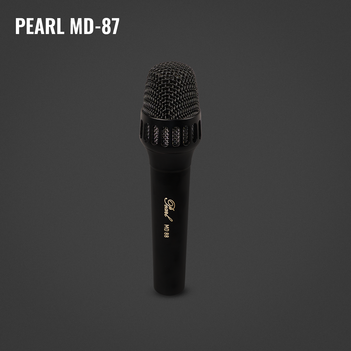 A black microphone with a metal grille, labeled 'Pearl MD-87' and 'Oava MD88', standing upright on a dark gray background.