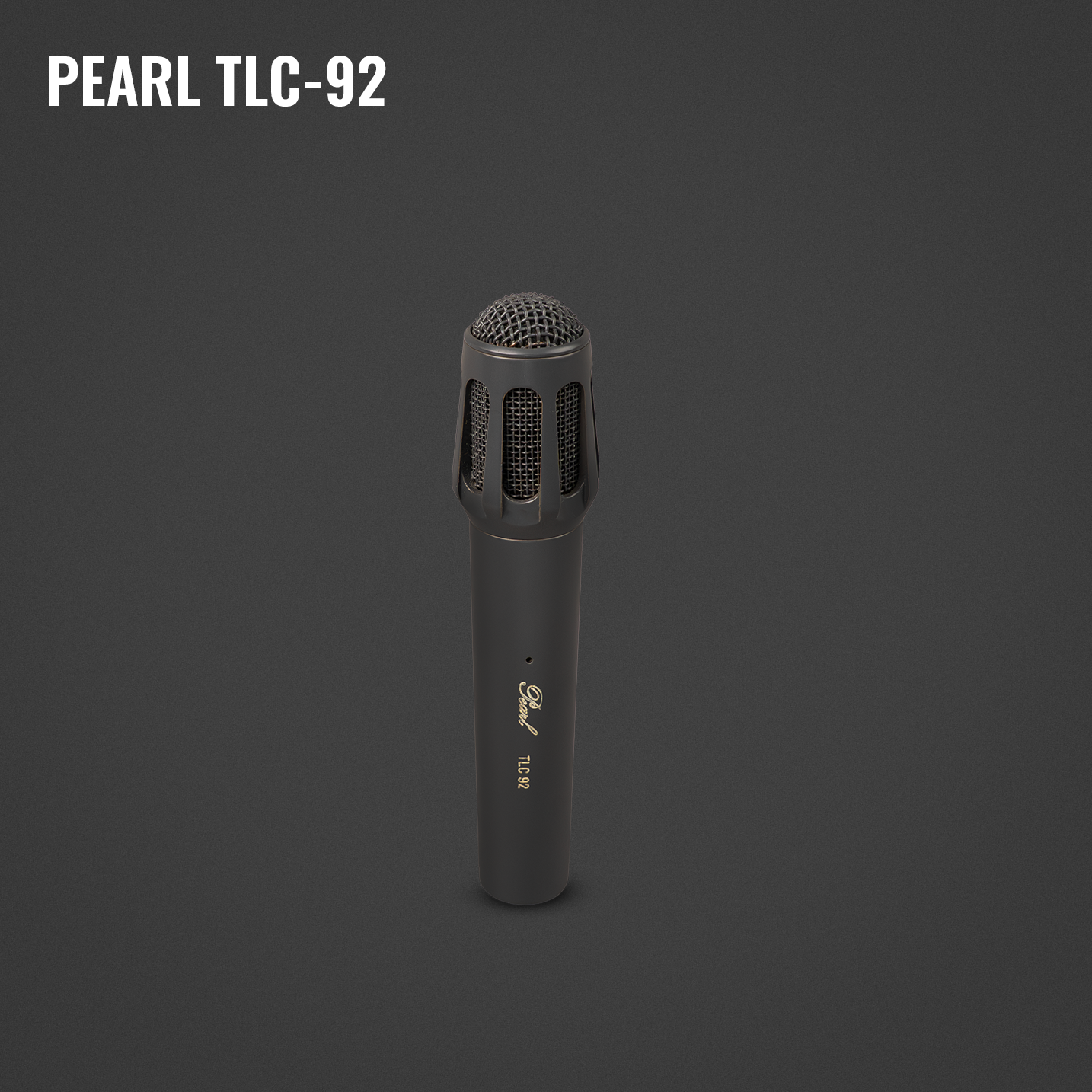 Black wireless microphone with the brand name Pearl and model TLC-92 written in gold lettering on the handle, against a dark gray background.