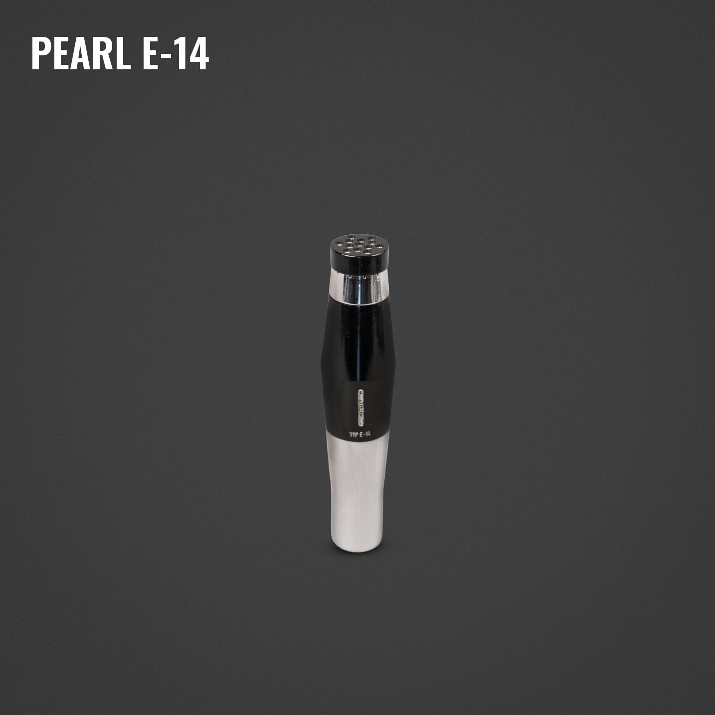 A black and white electric shaver with a sleek design against a dark gray background. Text in the upper left corner reads 'PEARL E-14'.