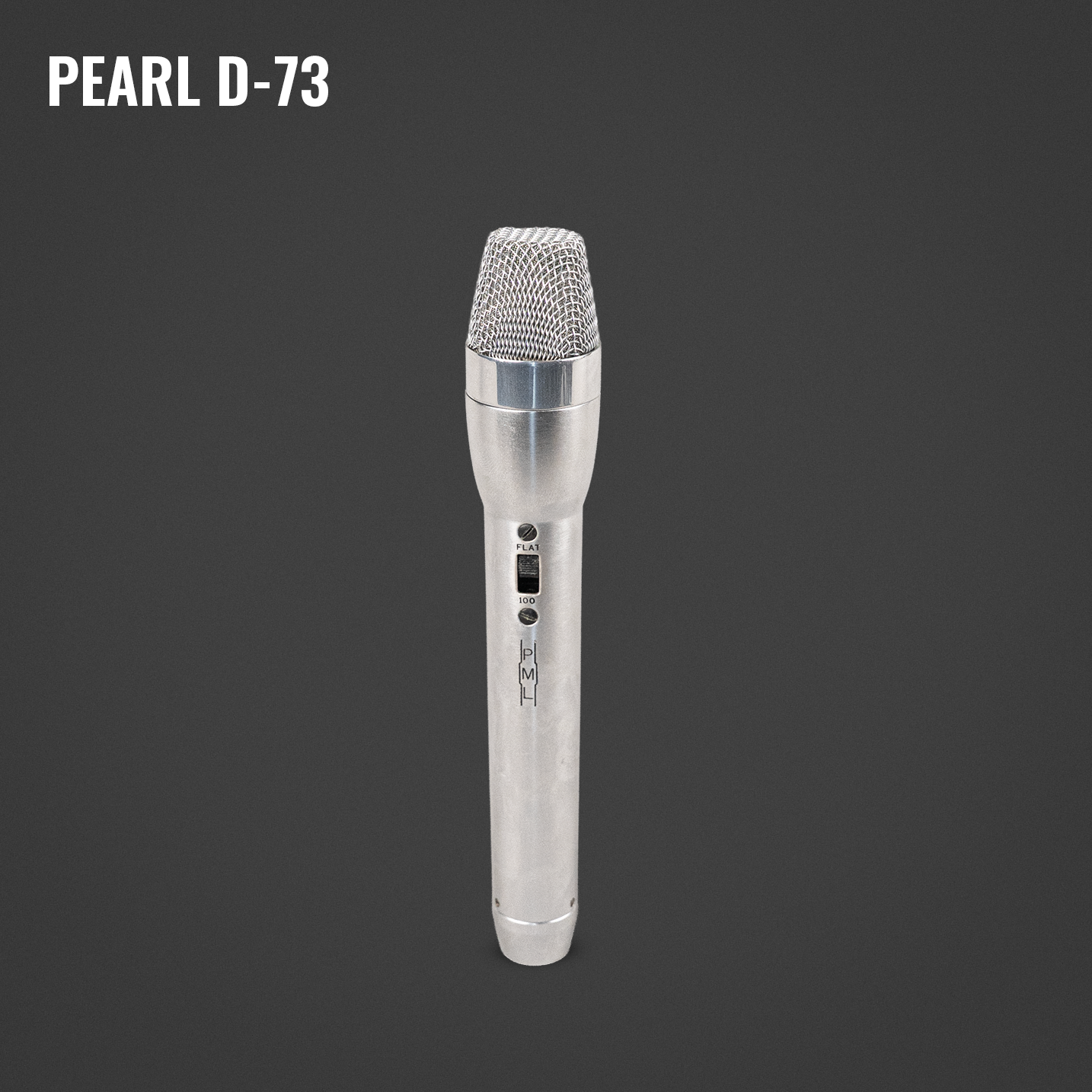 Silver handheld microphone labeled 'PEARL D-73' against a dark background.