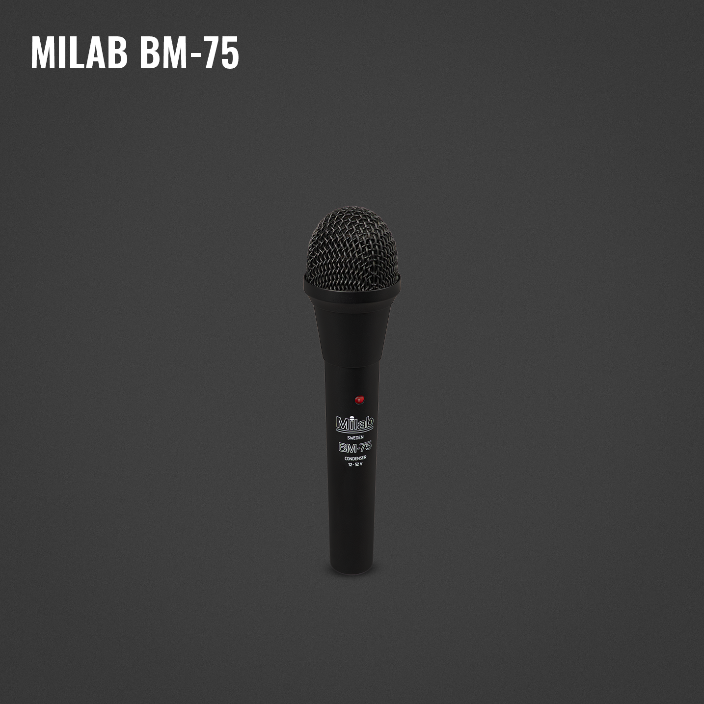 A black handheld microphone with a rounded metal grille at the top, labeled 'Milab Sweden BM-75' on the handle, and displayed against a dark gray background.