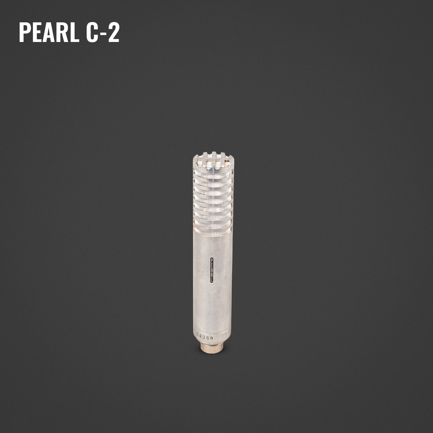 A vintage silver microphone with a grille at the top, against a dark background, labeled 'PEARL C-2' in the upper left corner.
