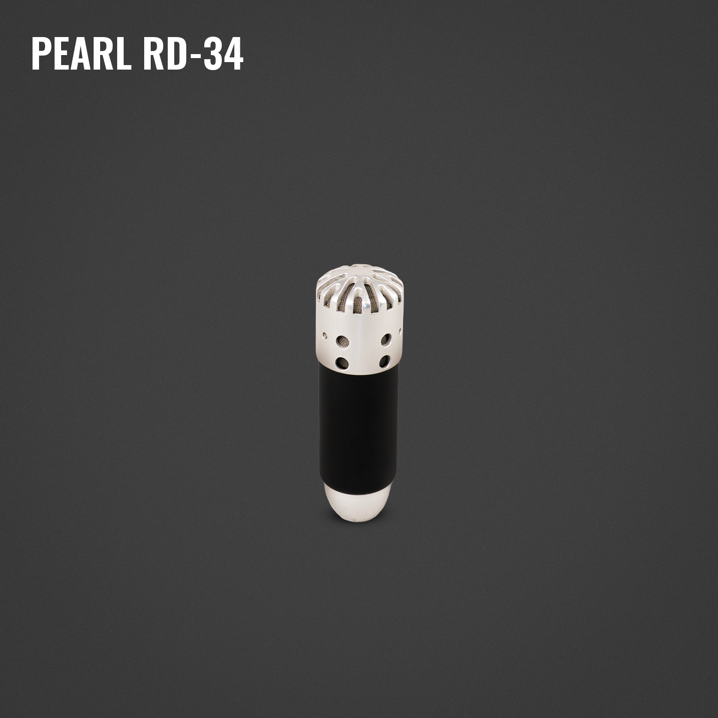 A wireless microphone with a black body and a white grille against a dark grey background, labeled 'PEARL RD-34' in the top left corner.