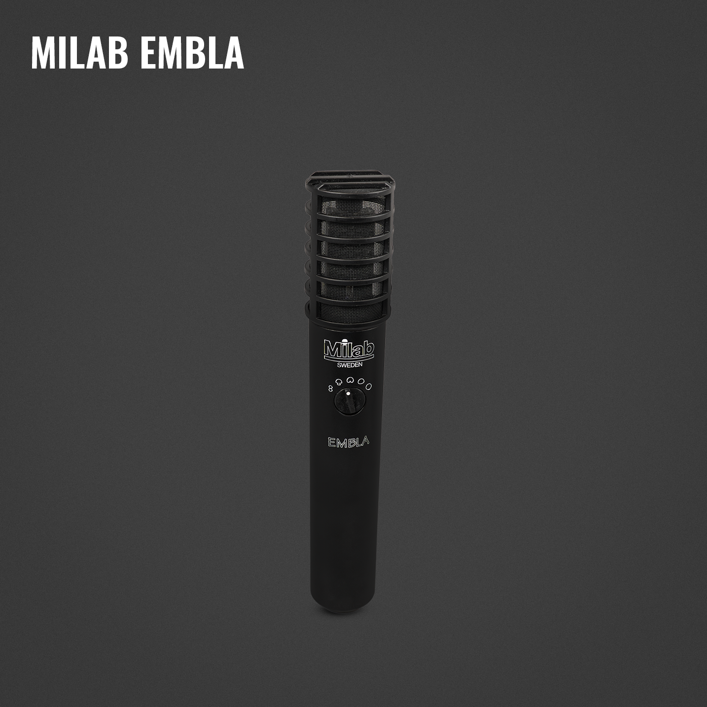 A black microphone with a cylindrical shape and grille design, featuring a dial and label that says "Milab Sweden" and "Embla."