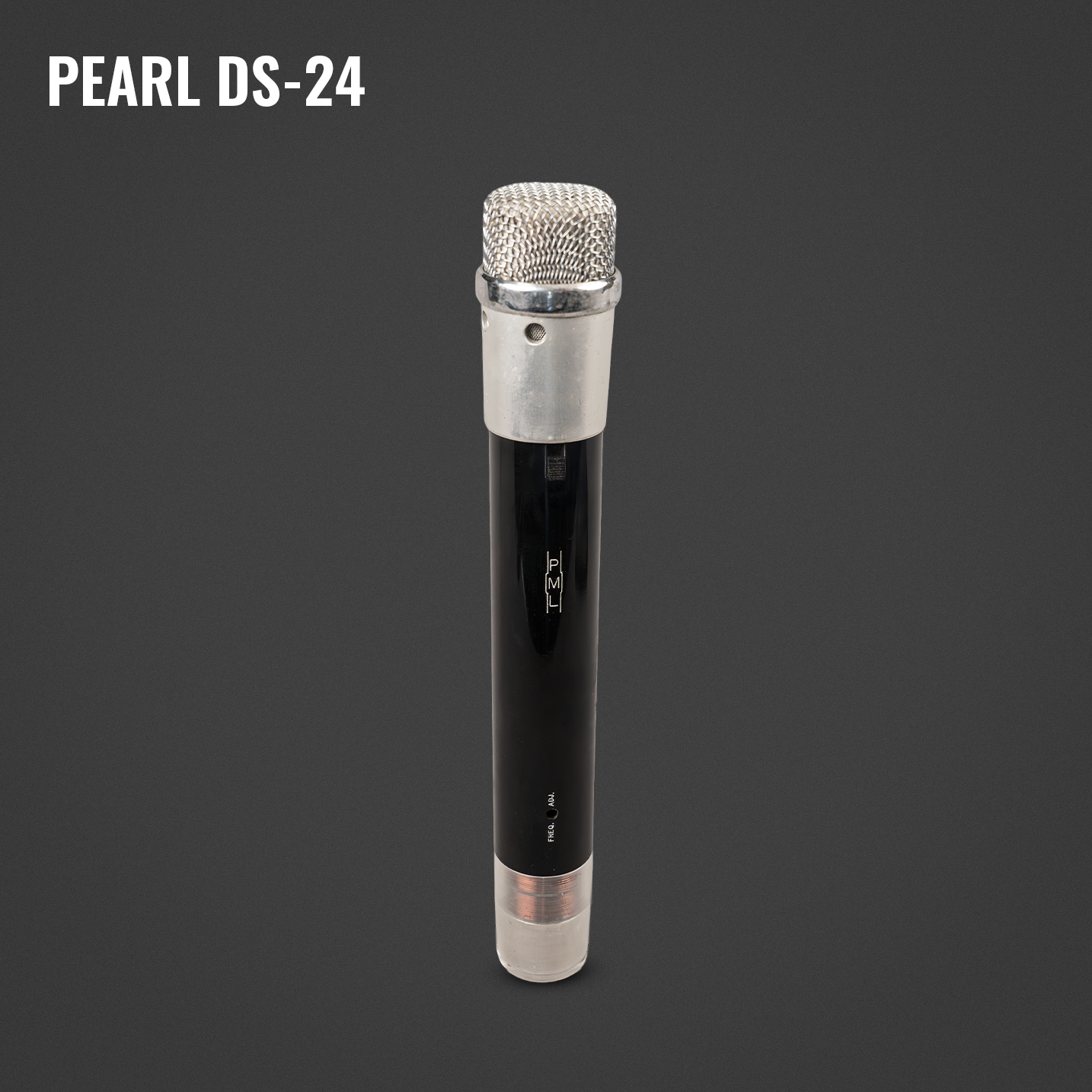 A vintage Pearl DS-24 large-diaphragm condenser microphone with a black body, silver grille, and silver accents, set against a dark background.