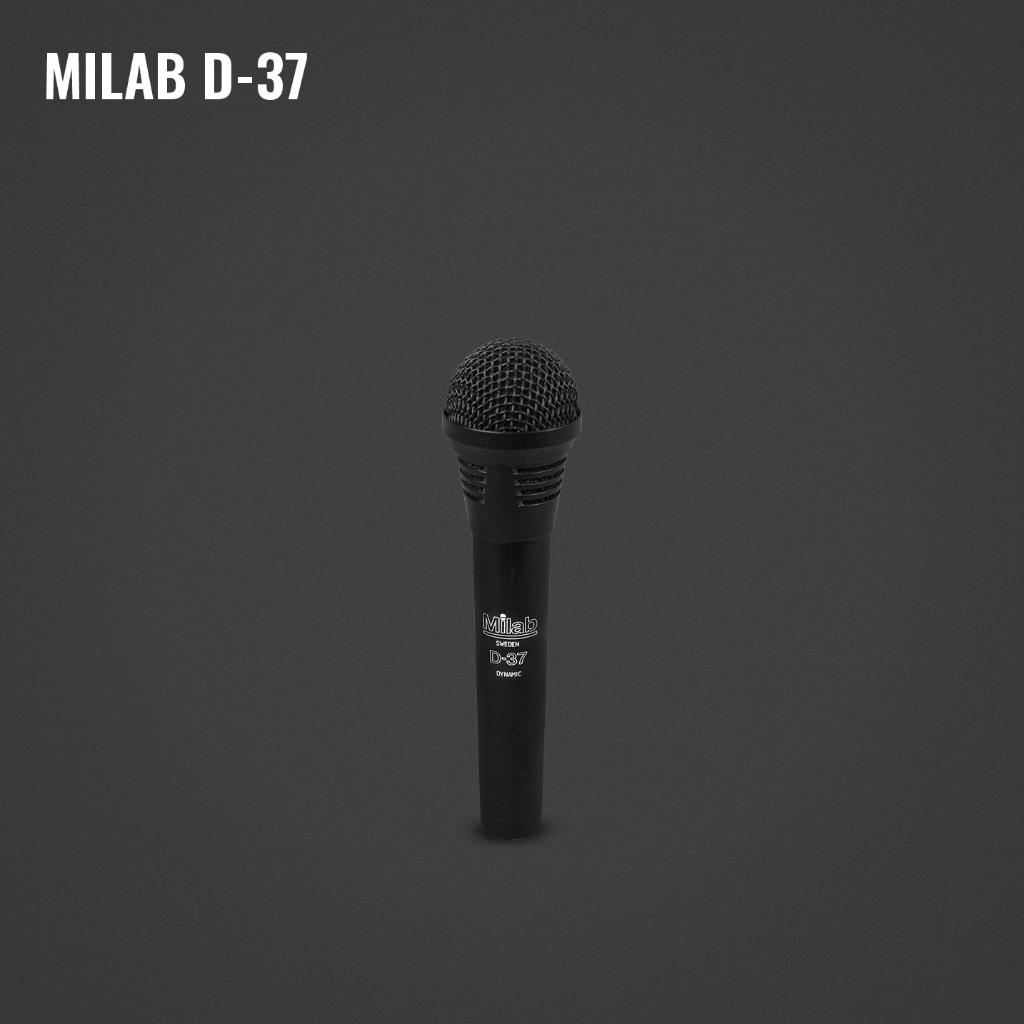 A black handheld microphone labeled 'Milab D-37' against a dark gray background.