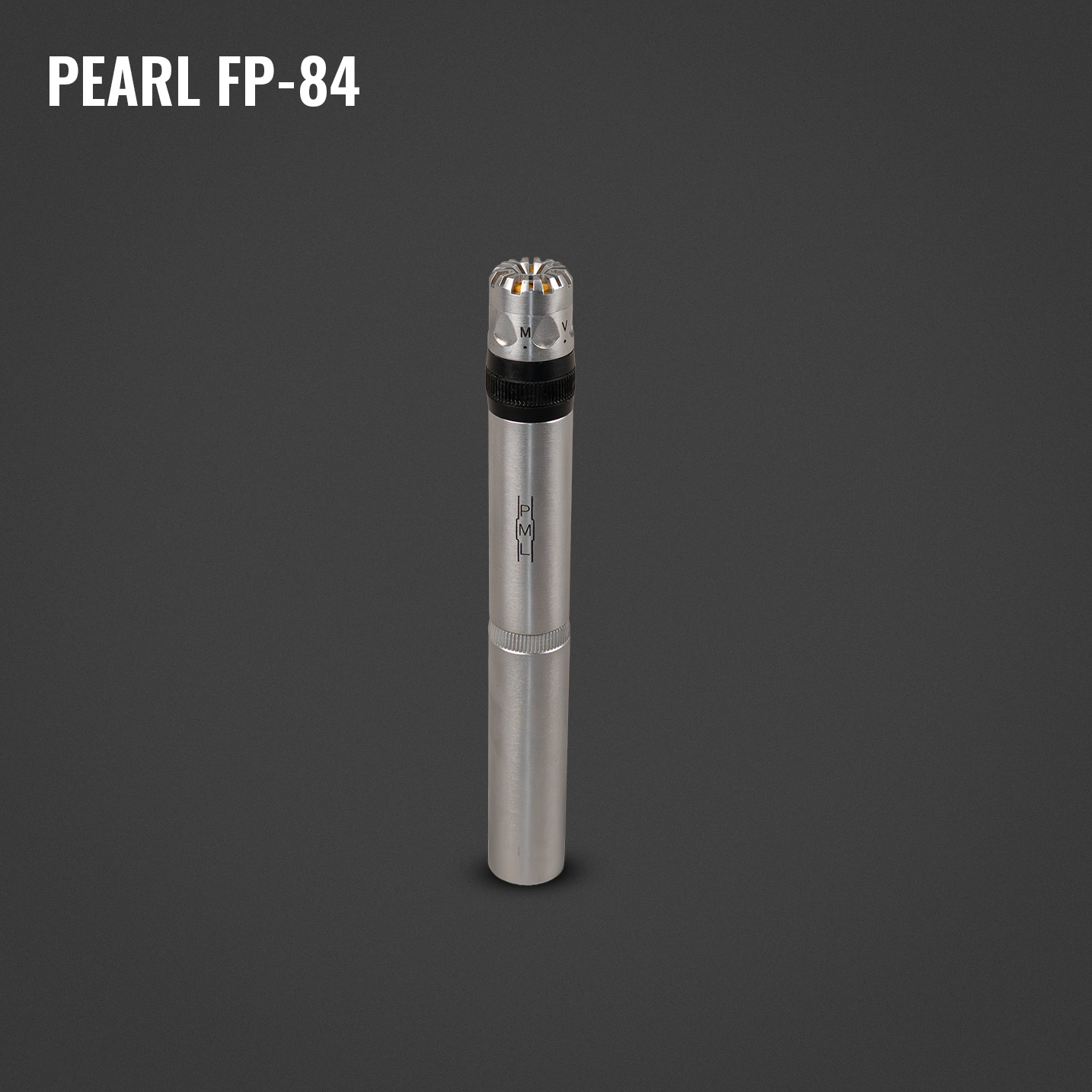 Photograph of a Pearl FP-84 microfilm viewer with a metallic body, black adjustment rings, and a top dial with a silver and black design, set against a dark gray background.