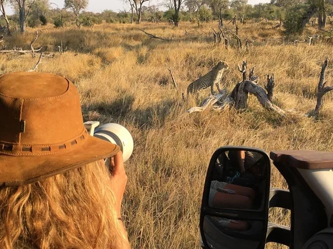 A person with long blonde hair, wearing a wide-brimmed hat, is taking a photo with a camera of a leopard in the distance among trees in a grassy savanna landscape.