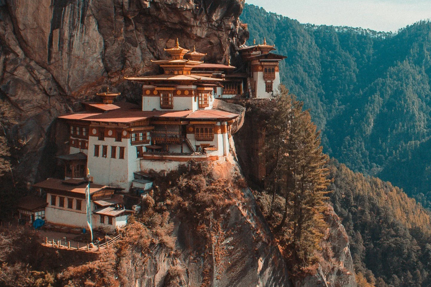 A hilltop monastery with traditional Bhutanese architecture, white walls, wooden windows, and golden roof decorations, built on a rocky mountainside surrounded by forest.
