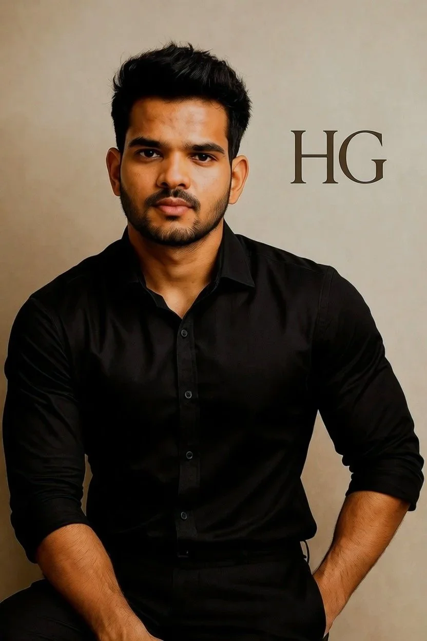 A young man with dark hair and a beard, wearing a black button-up shirt, sitting with one hand on his knee, in front of a beige wall with the letters "HG".