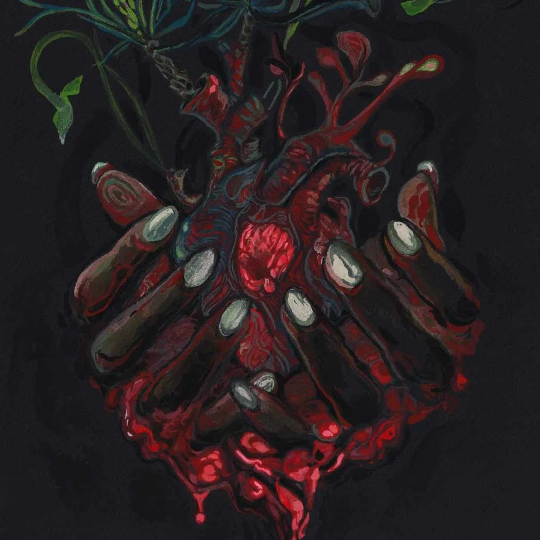 Image of an original gouache painting of hands and a heart