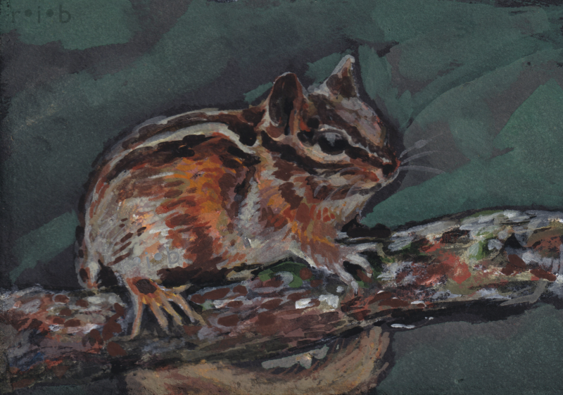 gouache painting of a chipmunk on a branch with a green background