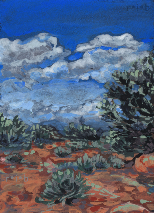 gouache painting of desert shrubs and sky
