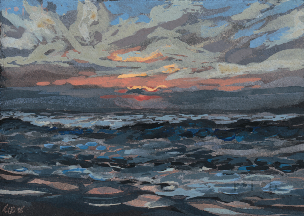 gouache painting of a beach and waves at sunrise