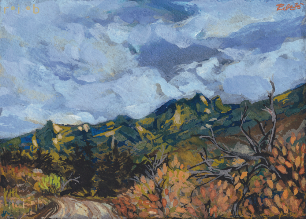 gouache painting of a sunlit ridge outside of Beulah