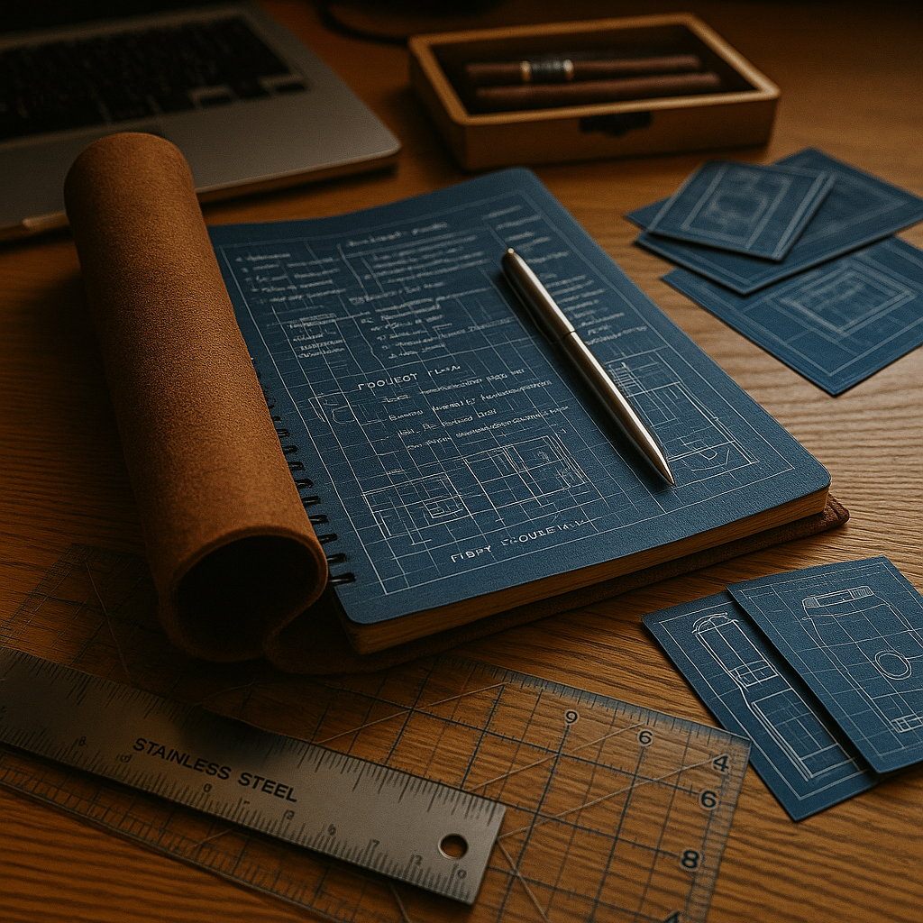 Blueprints, a pen, and engineering tools on a wooden desk, with a laptop and a box containing pencils.