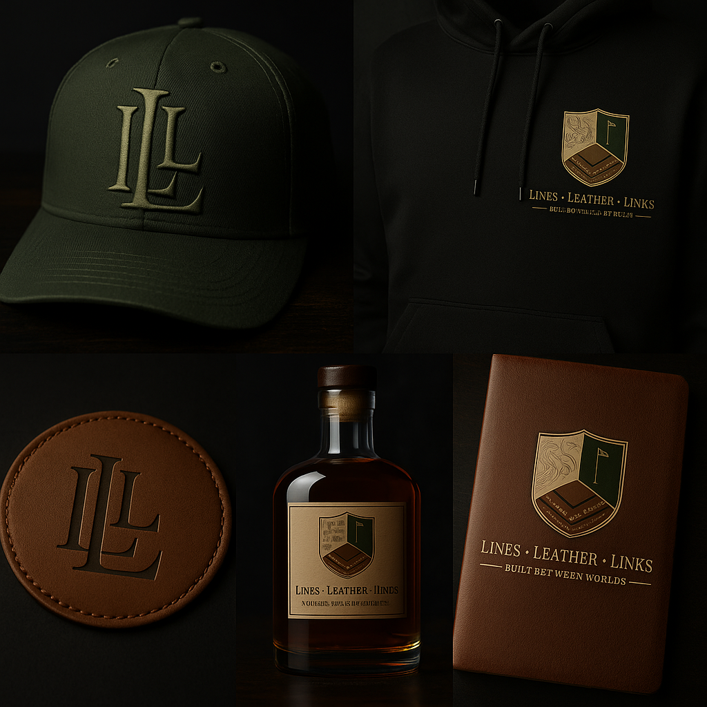 A green baseball cap with the initials "LL" in a raised design, a black hoodie with a logo and text "Lines Leather Links," a brown leather coin purse with the initials "LL," a bottle of liquor with a label matching the logo and text, and a brown journal with the same logo and phrase "Built Bet Ween Worlds."
