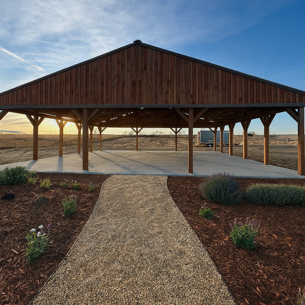 A wooden pavilion with a sloped roof and open sides, situated in a rural landscape with a gravel walk leading up to it and small plants in the foreground, under a partly cloudy sky at sunset.