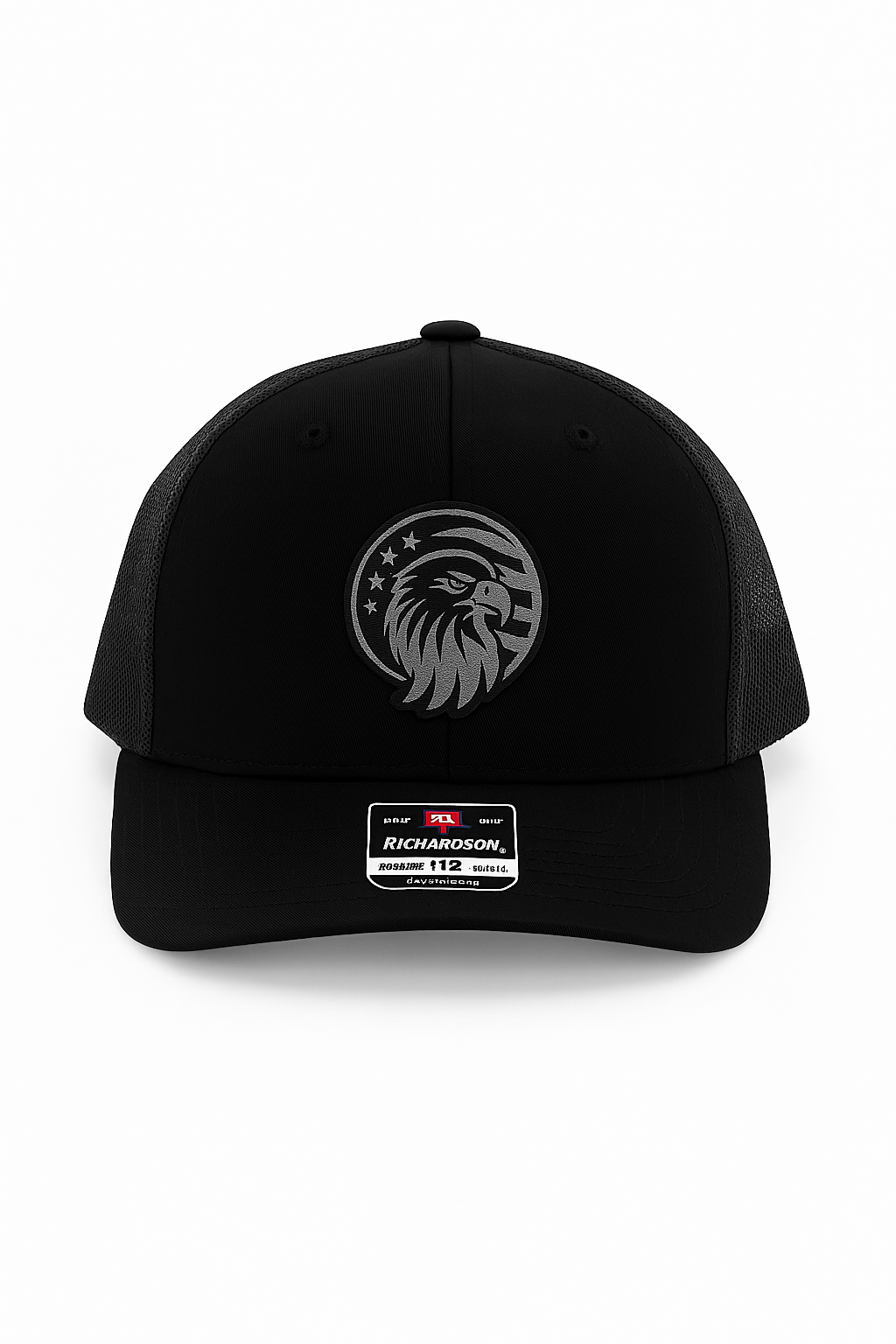 Black baseball cap with a logo of a eagle's head in black and gold profile, surrounded by stars and stripes, on the front.