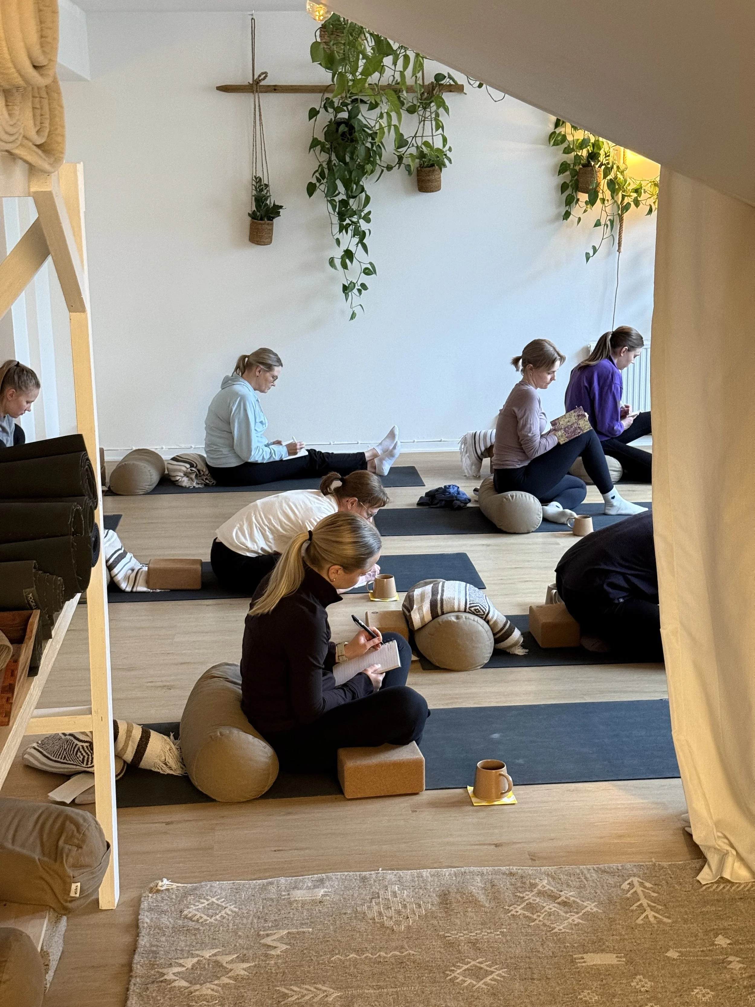 Ihmiset istuvat lattialla ja tekevät psyykkisen valmennuksen harjoitusta Hibi Eventsin tapahtumassa.