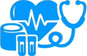 Medical icons including a stethoscope, heartbeat line, pill, test tube, and bandage.