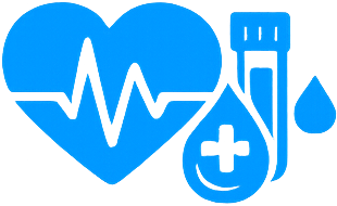 A blue heart with an electrocardiogram line inside, a test tube with a plus sign, and a drop of liquid.