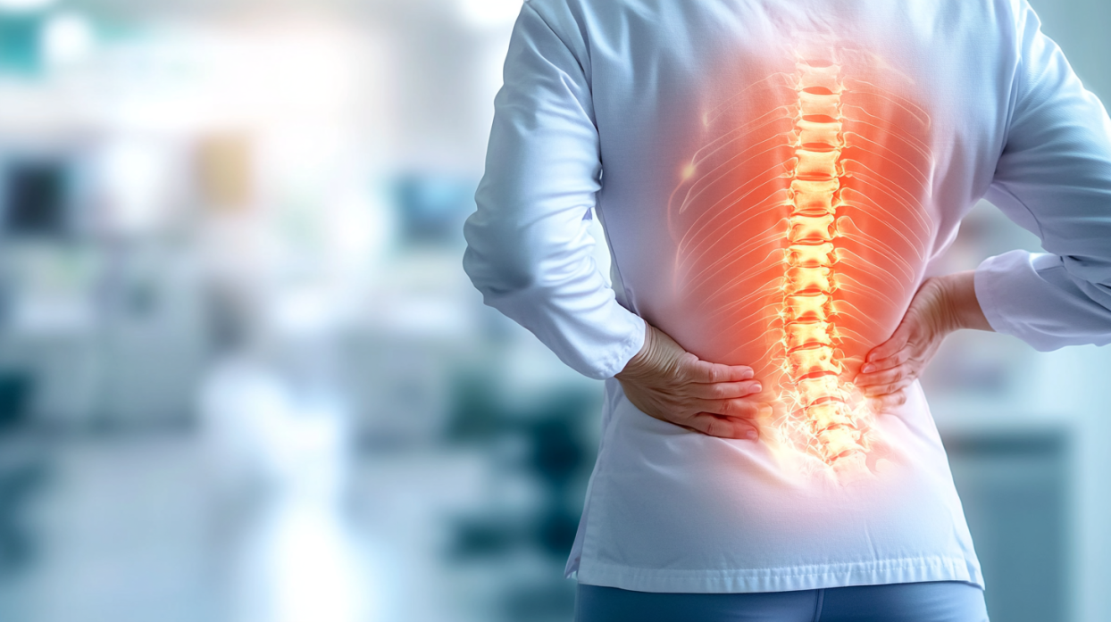 Person holding lower back pain with an illuminated spine visualization on a medical background.