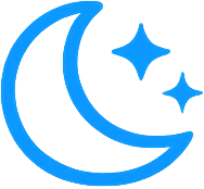 Blue icon of a crescent moon with two stars