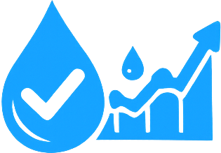 A blue water droplet with a check mark inside, connected to a line graph with an upward arrow, representing water safety or water quality improvement.